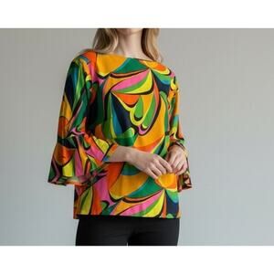 VTG 60's 70's Colorful Psychedelic Print Top Ruffle Bell Sleeve Boxy L Groovy